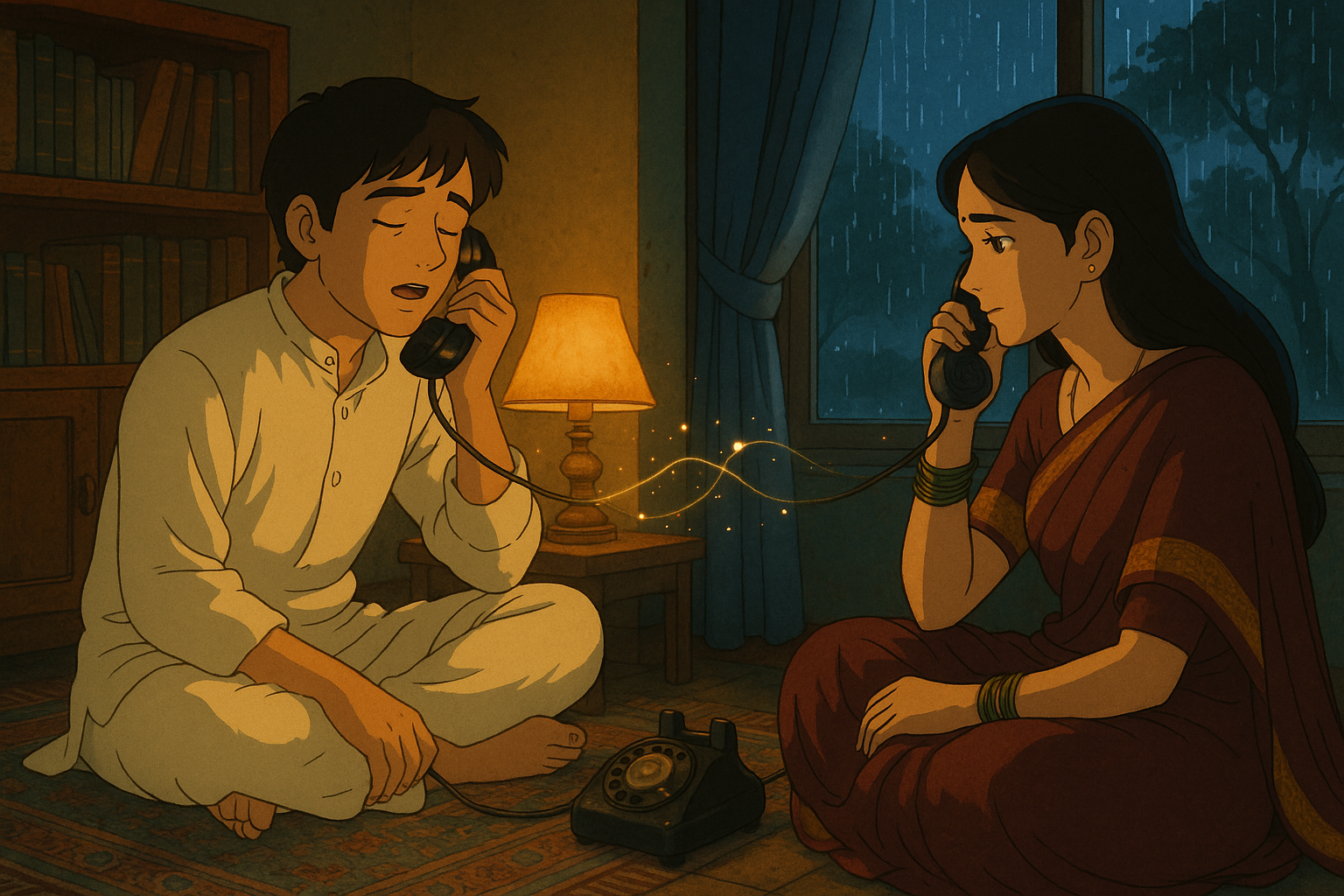An Indian couple linked by a glowing phone cord on a rainy night. 