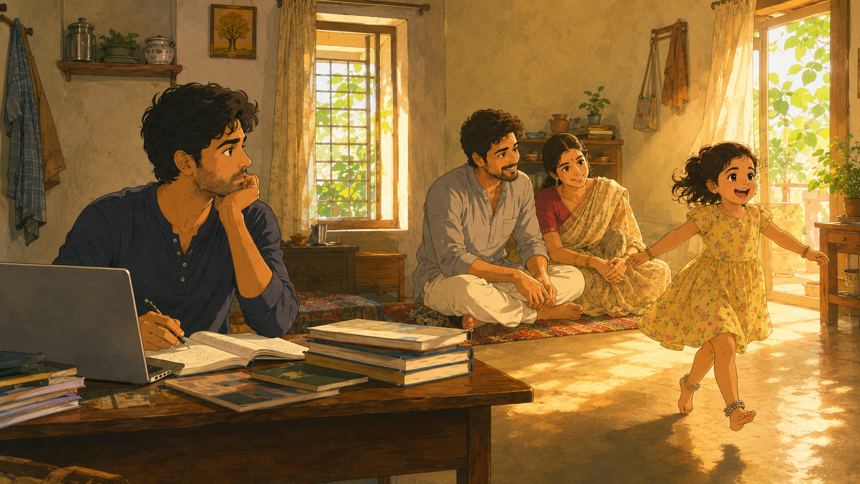 A young M.Sc. student dreams of sitting with his future wife while their little daughter runs through a sunlit home wearing silver anklets.